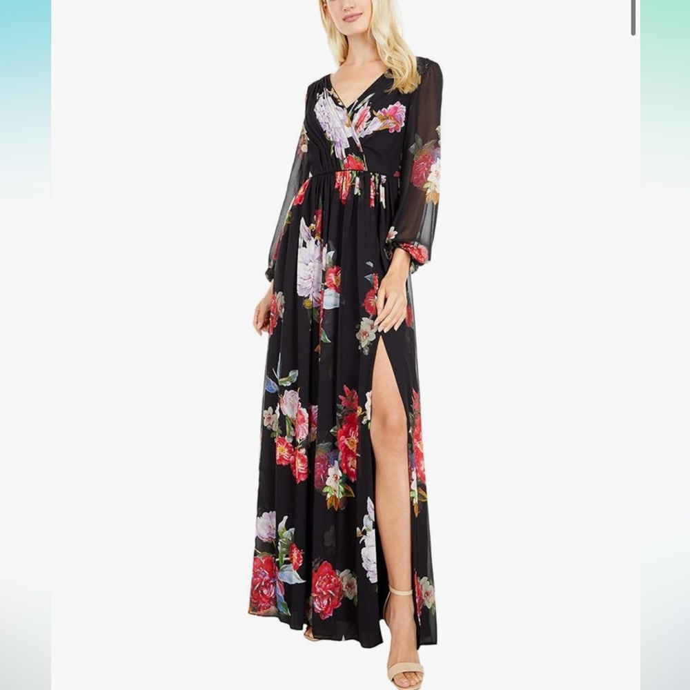 Adrienne Papell size 8 black Floral Maxi Dress Sheer Sleeve Boho Romantic Formal